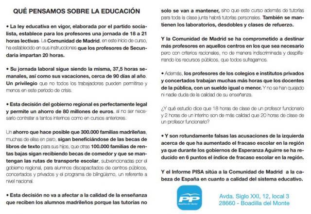 La Plataforma por la Escuela Pública responde al folleto del PP de Boadilla sobre la escuela pública