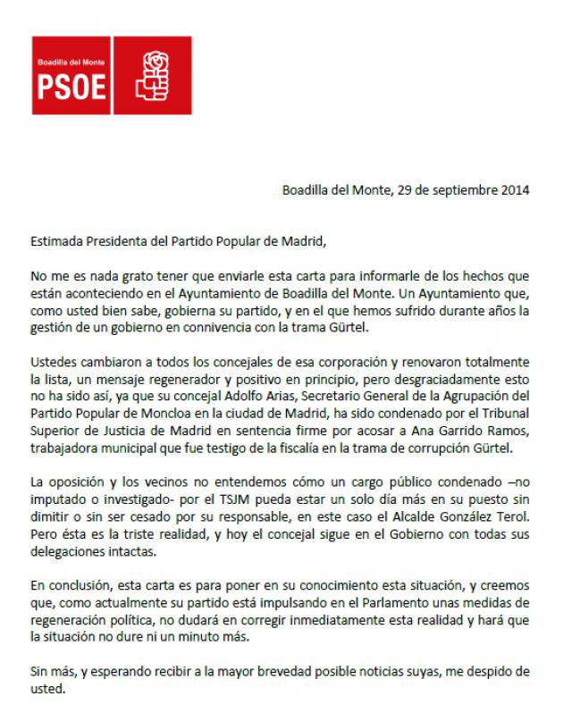 ﻿El PSOE de Boadilla pide a Esperanza Aguirre y a María Dolores de Cospedal que intervengan y cesen a Adolfo Arias