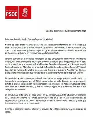 ﻿El PSOE de Boadilla pide a Esperanza Aguirre y a María Dolores de Cospedal que intervengan y cesen a Adolfo Arias