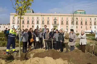 El alcalde y las “niñas del palacio” plantan uno de los 112 tilos que lucirán en el jardín rehabilitado
