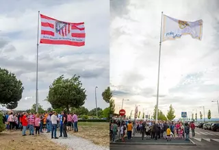 Las banderas del Atlético de Madrid y del Real Madrid ondean en Boadilla para reivindicar la deportividad y el juego limpio