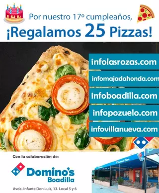 InfoBoadilla.com cumple 17 años y lo celebra invitando a Pizzas Domino's a los vecinos