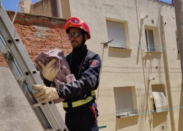 Los bomberos rescatan un pollo de cigueña atrapado en un patio de Boadilla