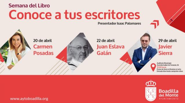 Carmen Posadas, Juan Eslava Galán y Javier Sierra impartirán conferencias durante la Semana del Libro en Boadilla
