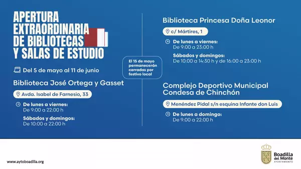 Apertura extraordinaria de bibliotecas y salas de estudio entre el 5 de mayo y el 11 de junio en Boadilla